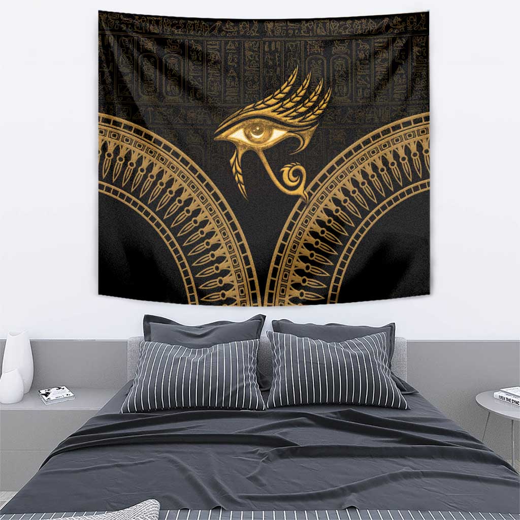 Black and gold Eye of Horus wall tapestry with central feathered eye and arched gold lines
