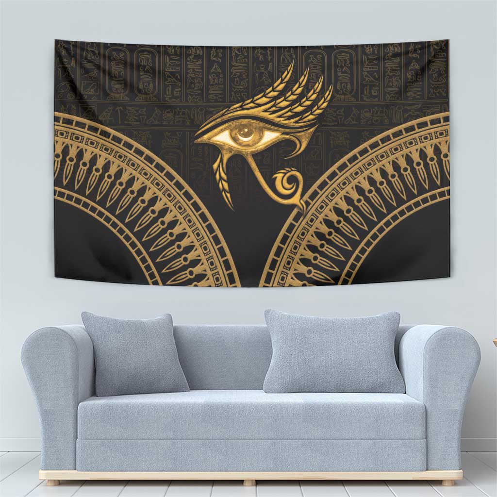 Black and gold Eye of Horus tapestry featuring feathered eye and gold arch bands