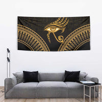 Black and gold Eye of Horus tapestry with feathered eye detail and gold patterned arch