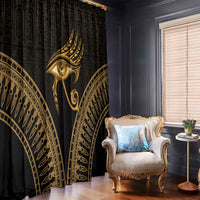 Black and gold Eye of Horus curtain panel with gold feather design and patterned arch trim