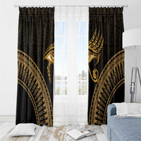 Black and gold Eye of Horus window curtain panels with feather centerpiece and border arches