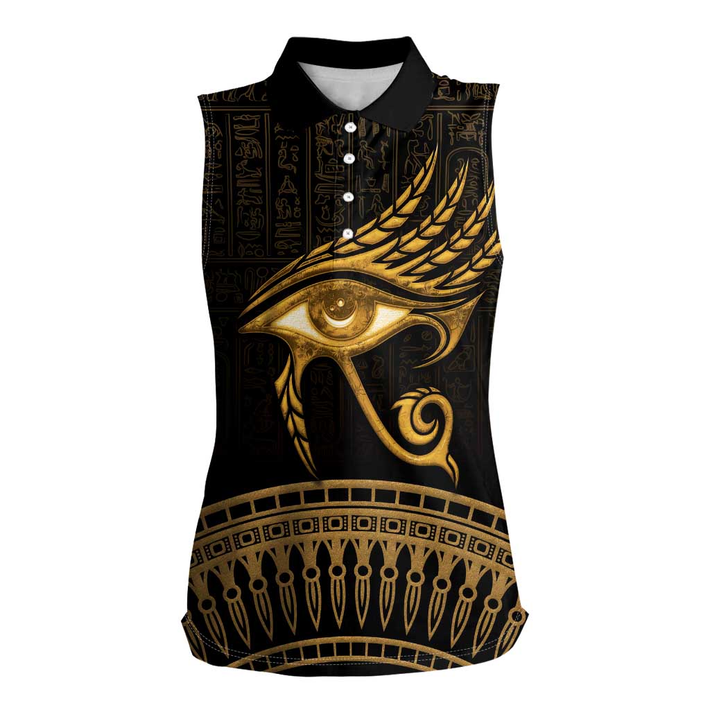 Ancient Egypt Eye of Horus Women Sleeveless Polo Shirt Gold Intricate Feathers