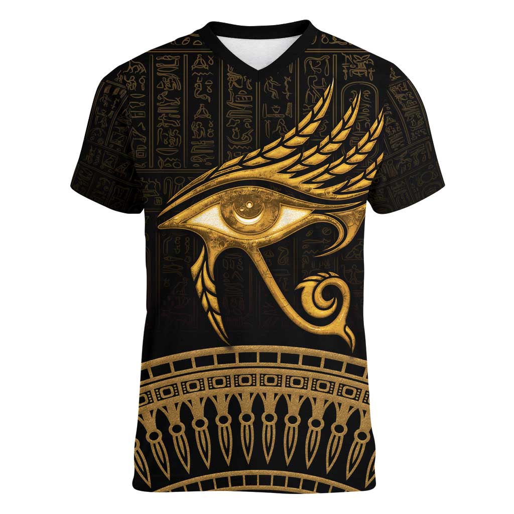 Ancient Egypt Eye of Horus Women V-Neck T-Shirt Gold Intricate Feathers