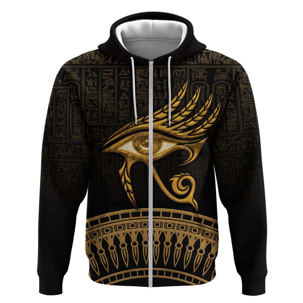 Ancient Egypt Eye of Horus Zip Hoodie Gold Intricate Feathers