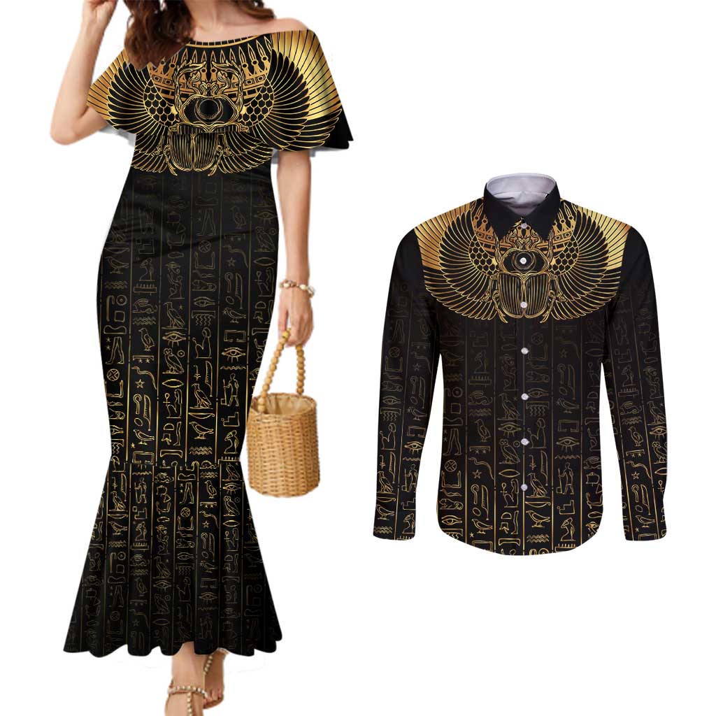 Ancient Egypt Scarab Couples Matching Mermaid Dress and Long Sleeve Button Shirt Black Gold