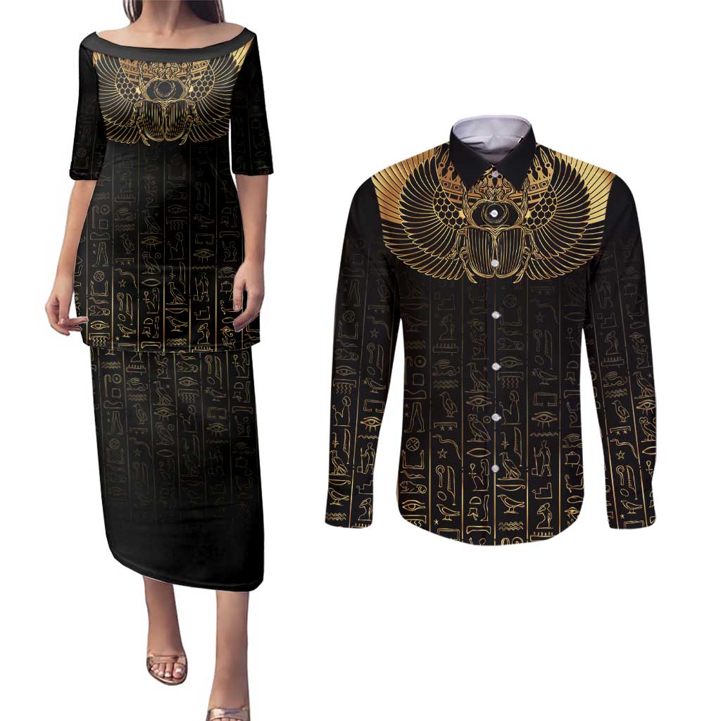 Ancient Egypt Scarab Couples Matching Puletasi and Long Sleeve Button Shirt Black Gold