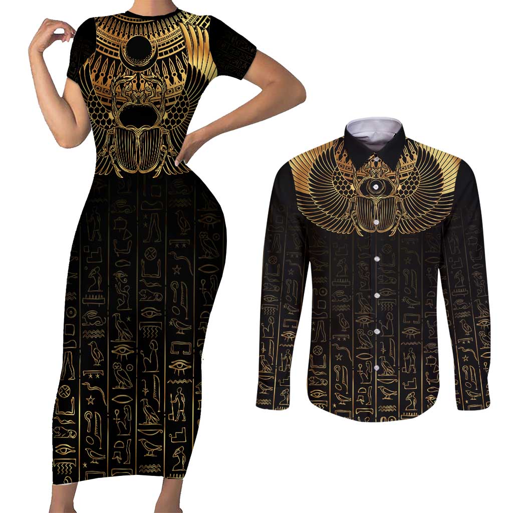 Ancient Egypt Scarab Couples Matching Short Sleeve Bodycon Dress and Long Sleeve Button Shirt Black Gold