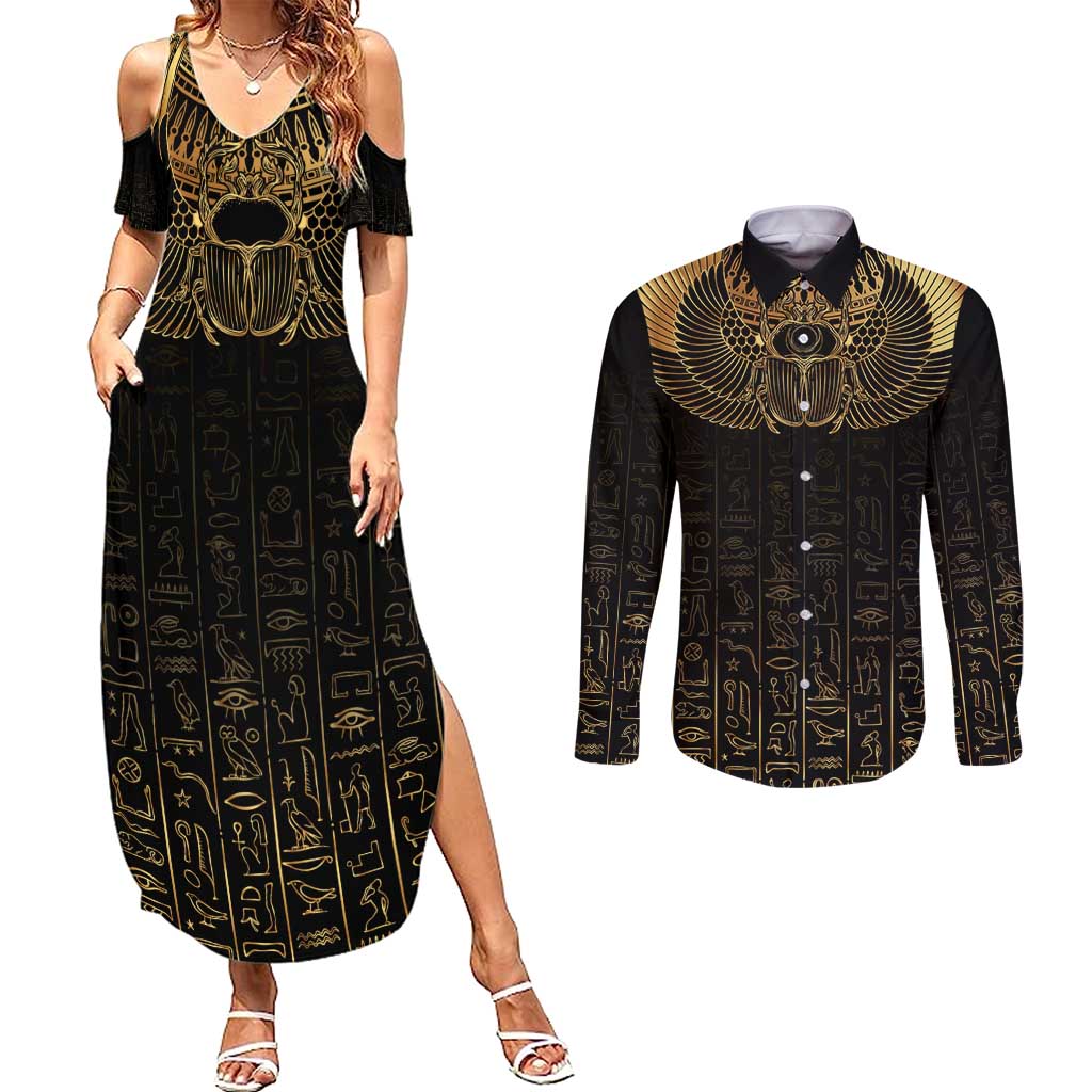 Ancient Egypt Scarab Couples Matching Summer Maxi Dress and Long Sleeve Button Shirt Black Gold