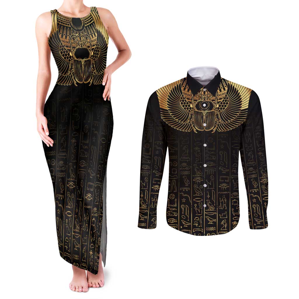 Ancient Egypt Scarab Couples Matching Tank Maxi Dress and Long Sleeve Button Shirt Black Gold