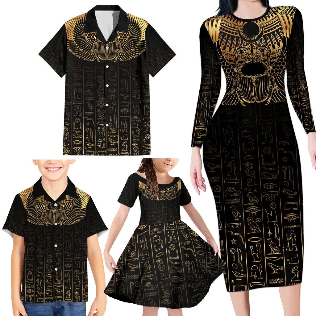 Ancient Egypt Scarab Family Matching Long Sleeve Bodycon Dress and Hawaiian Shirt Black Gold