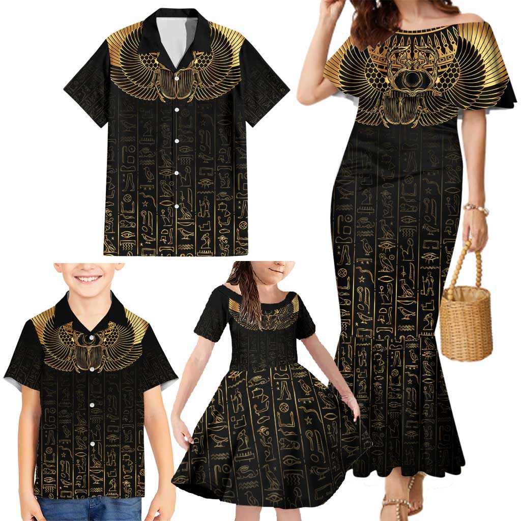 Ancient Egypt Scarab Family Matching Mermaid Dress and Hawaiian Shirt Black Gold