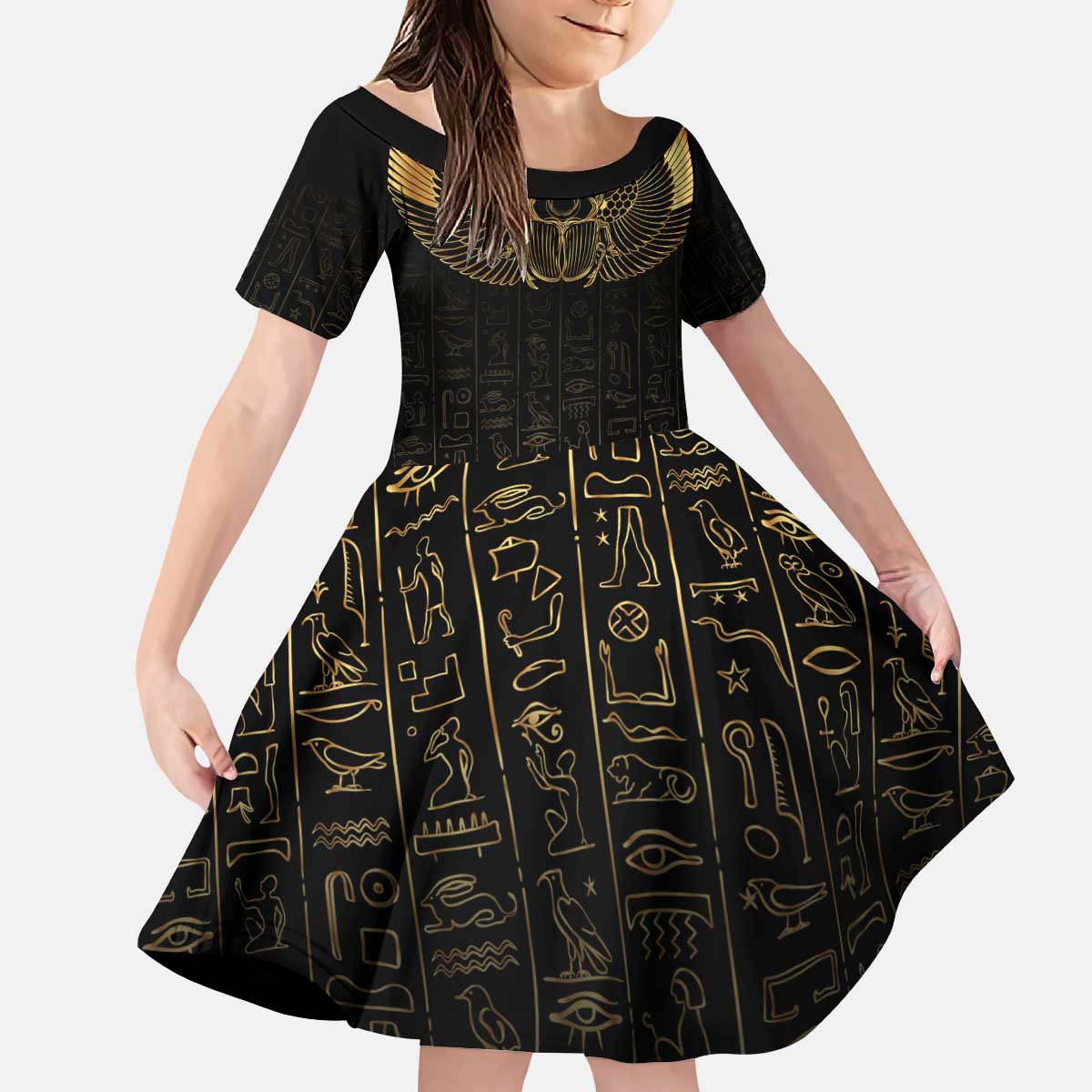 Ancient Egypt Scarab Kid Short Sleeve Dress Black Gold