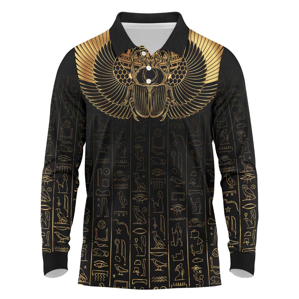 Ancient Egypt Scarab Long Sleeve Polo Shirt Black Gold