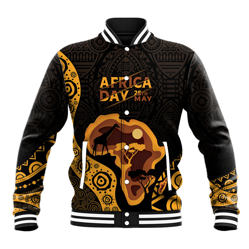 Black and gold baseball jacket with striped collar, button front, Africa Day graphic
