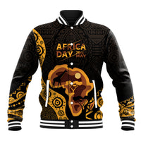 Black and gold baseball jacket with striped collar, button front, Africa Day graphic