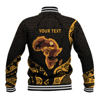 Black and gold baseball jacket with striped ribbed collar, button front, and 'Your Text' map print