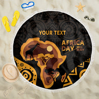 Round beach blanket with white fringe, black-and-gold Africa Day graphic and YOUR TEXT