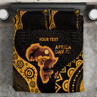 Personalized bedding set with black base, gold patterns, elephant silhouette and “YOUR TEXT”