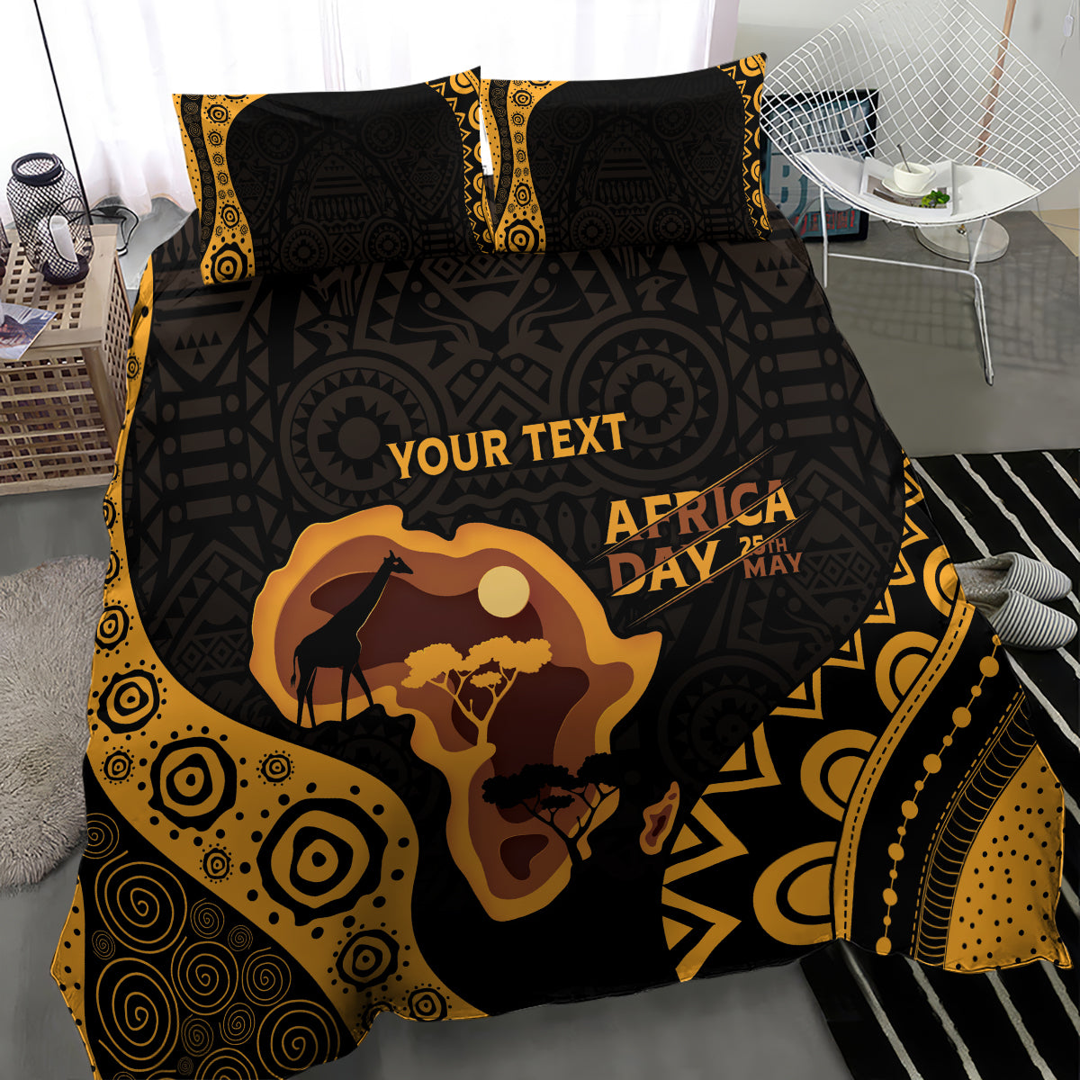 Personalized bedding set detail view: black and gold design with elephant art and “YOUR TEXT”