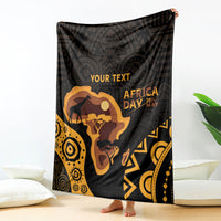 Africa Day throw blanket with 'YOUR TEXT', black background and gold retro African graphics.
