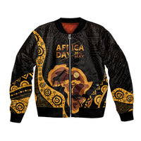 Black bomber jacket with gold patterns, front zipper, Africa Day text and animal scene