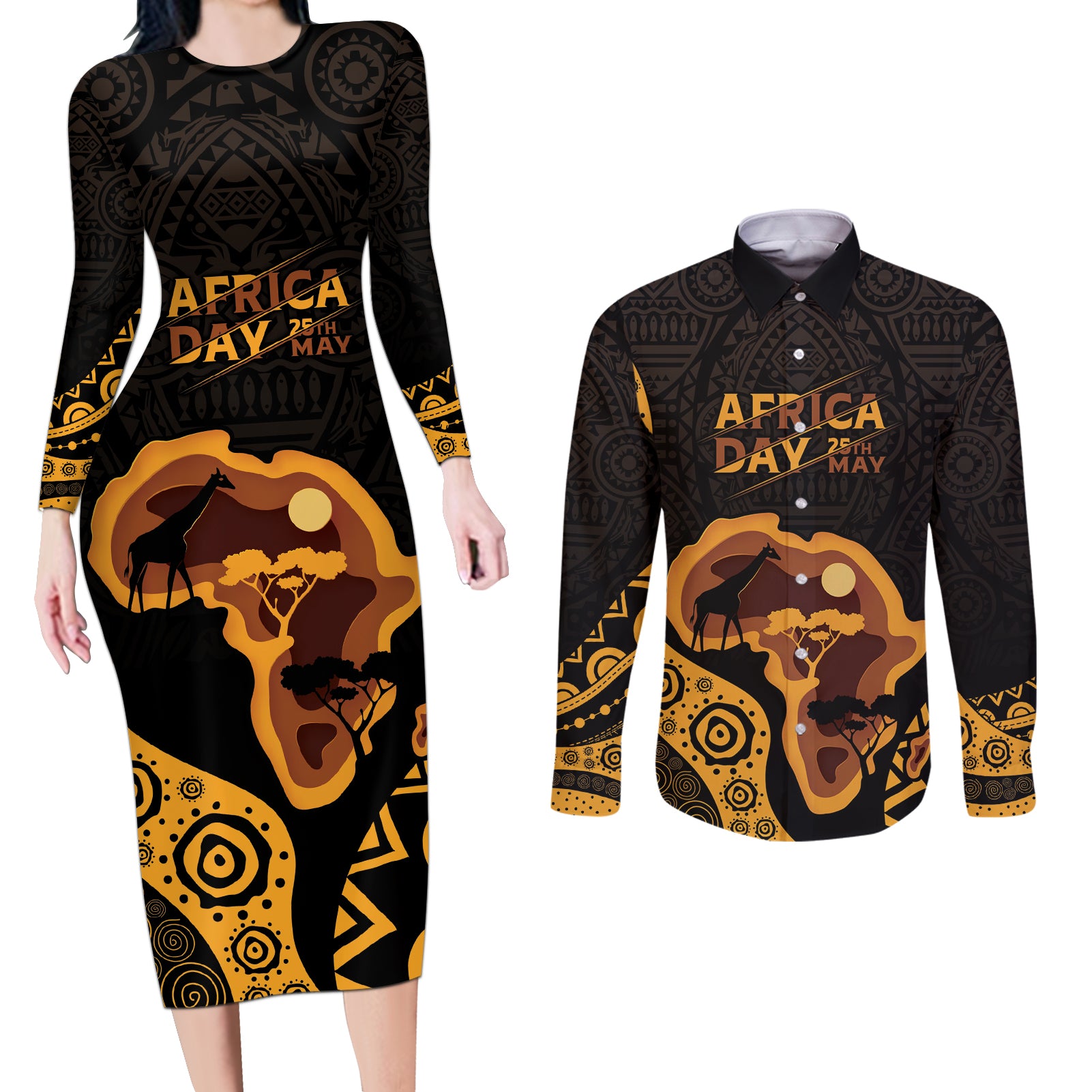 Africa Day Personalized Couples Matching Long Sleeve Bodycon Dress and Long Sleeve Button Shirt Ethnic Retro Style LT7 - Wonder Print Shop