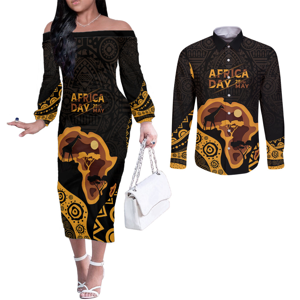 Africa Day Personalized Couples Matching Off The Shoulder Long Sleeve Dress and Long Sleeve Button Shirt Ethnic Retro Style