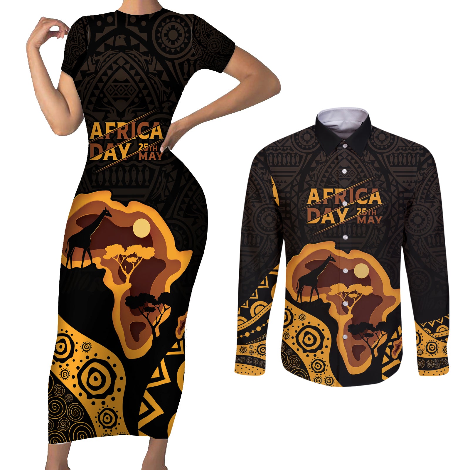 Africa Day Personalized Couples Matching Short Sleeve Bodycon Dress and Long Sleeve Button Shirt Ethnic Retro Style LT7 - Wonder Print Shop