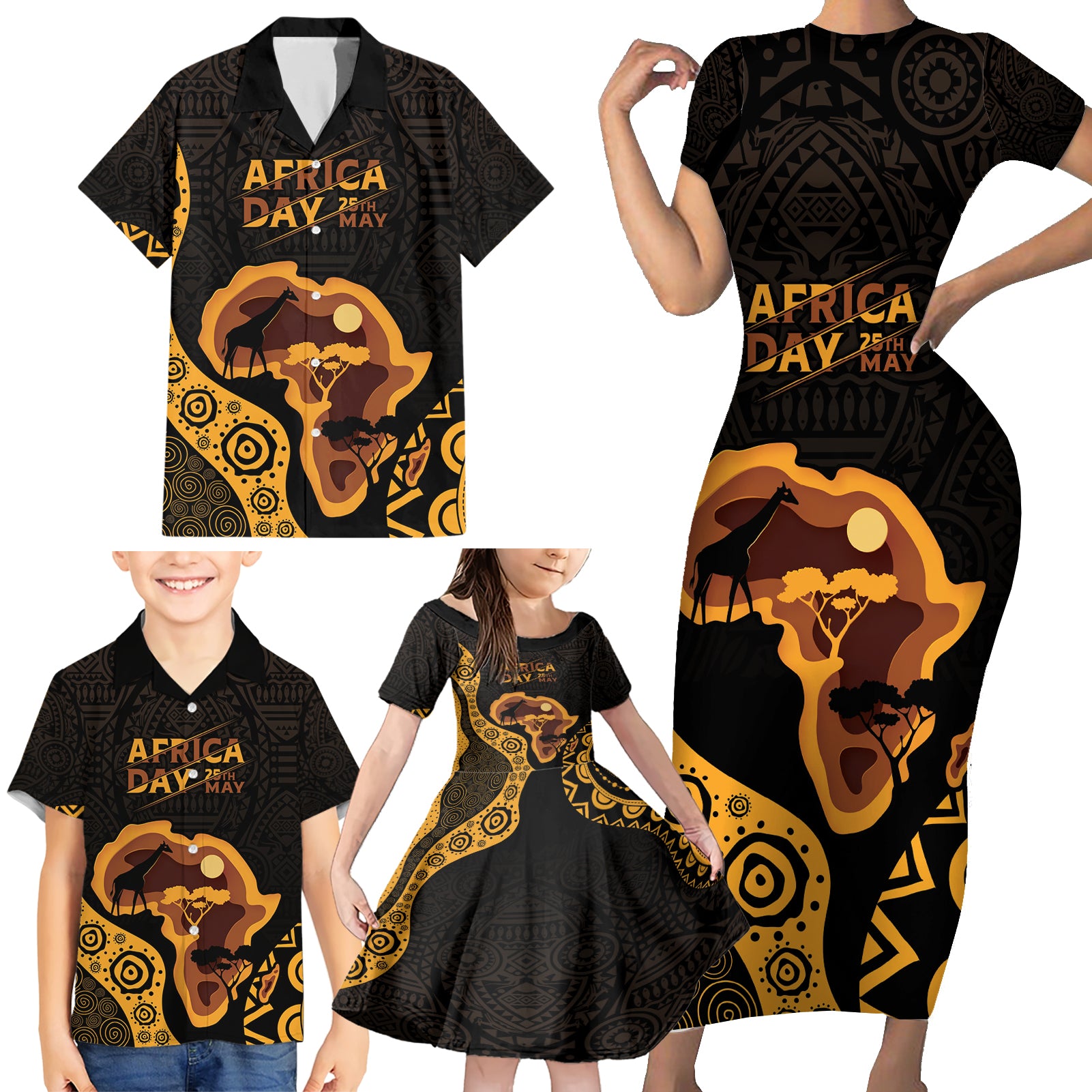 Africa Day Personalized Family Matching Short Sleeve Bodycon Dress and Hawaiian Shirt Ethnic Retro Style - Wonder Print Shop