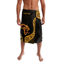 Custom wrap sarong in black with gold and African map print, elastic waistband, 'YOUR TEXT'.