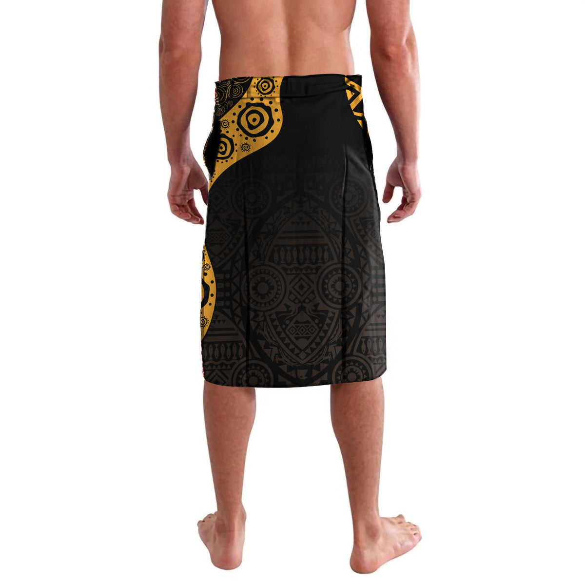 Back view wrap sarong in black with gold swirl patterns and seam detailing.