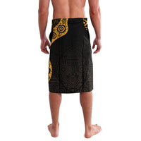 Back view wrap sarong in black with gold swirl patterns and seam detailing.