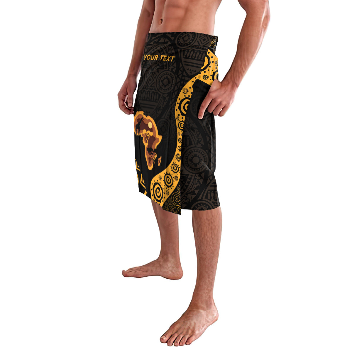 Wrap sarong in black with gold pattern panels and central African map graphic.