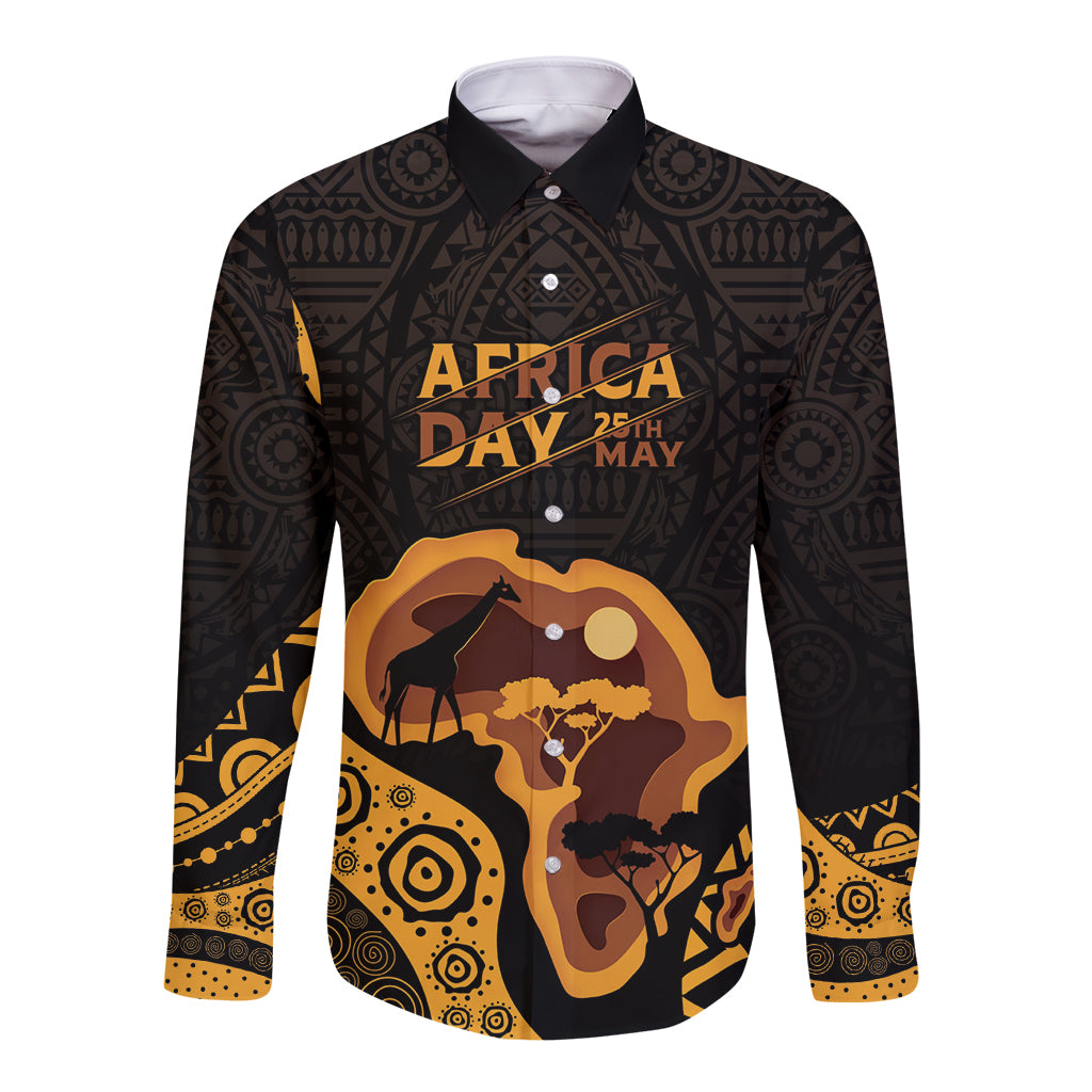 Long-sleeve button shirt with black and gold Africa Day graphic, front view