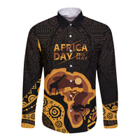Long-sleeve button shirt with black and gold Africa Day graphic, front view