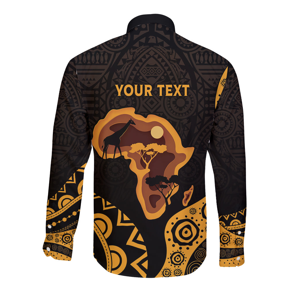 Long-sleeve button shirt with black and gold Africa silhouette, back view with Your Text