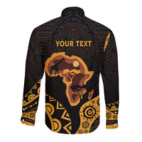 Long-sleeve button shirt with black and gold Africa silhouette, back view with Your Text