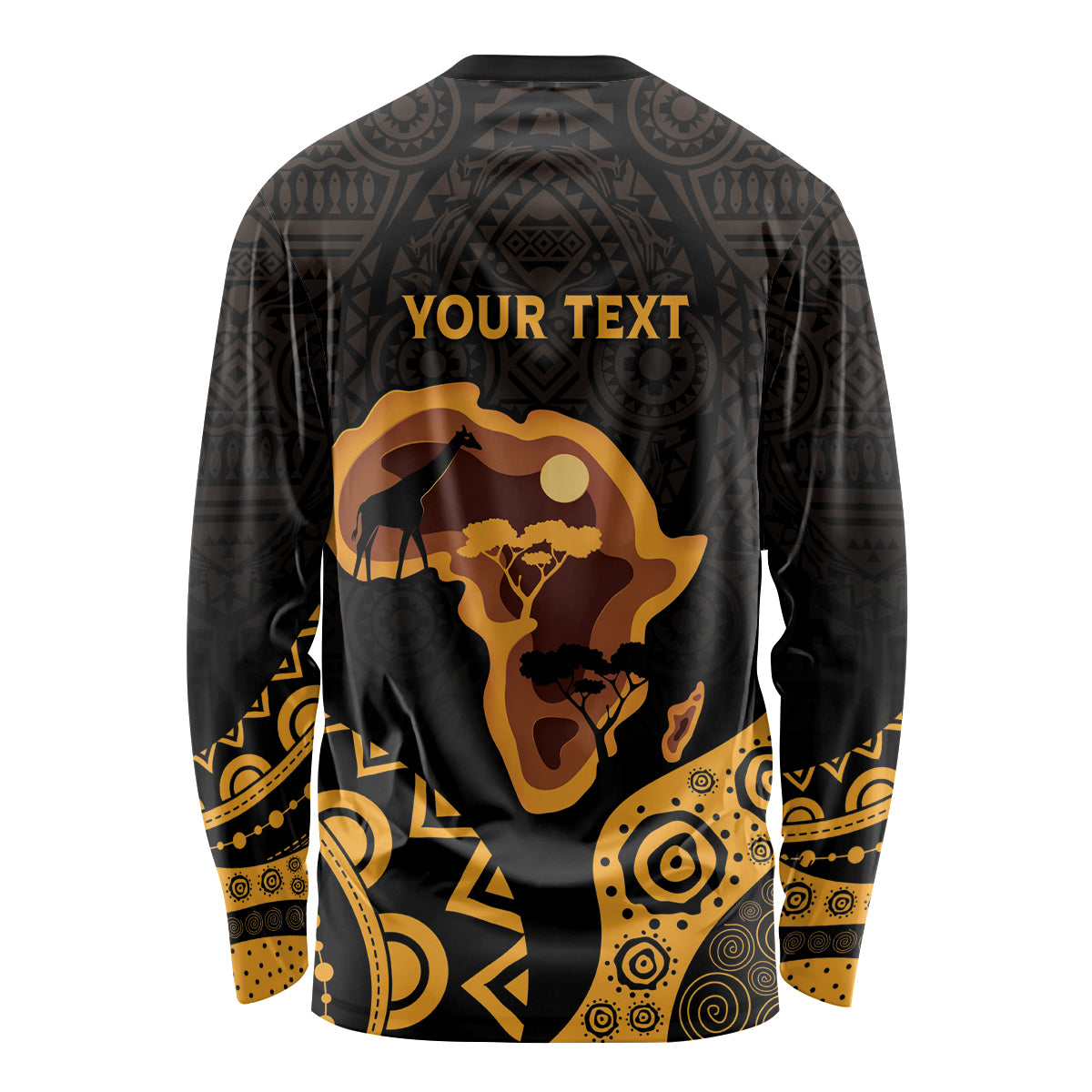 Long-sleeve T-shirt with Africa map graphic, gold accents, and 'YOUR TEXT' on back