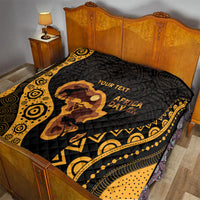 Personalized quilt on wooden bed frame, black and gold Africa design with 'YOUR TEXT'.