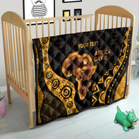 Personalized quilt with black and gold African pattern, Africa silhouette, and 'YOUR TEXT'.