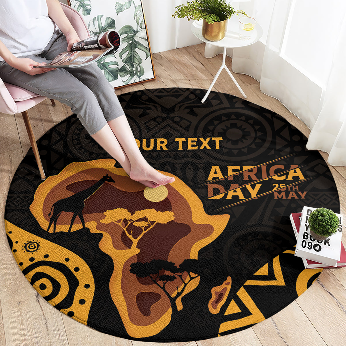 Round area rug with Africa Day 25th May text, giraffe graphic, tribal map pattern