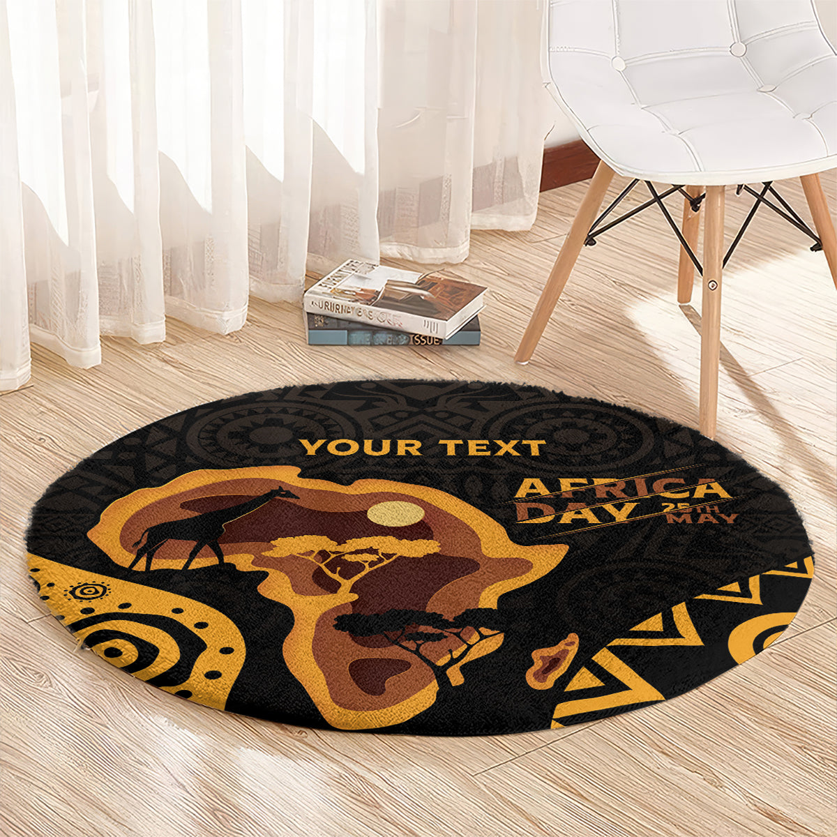 Round area rug with black base, gold camel and giraffe graphic, Your Text Africa Day