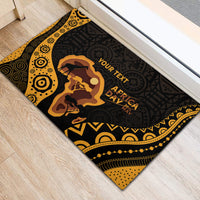 Personalized rubber doormat, black with gold tribal border and Africa Day map graphic