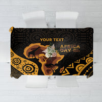 Personalized black tablecloth with gold Africa Day motifs and central animal graphic