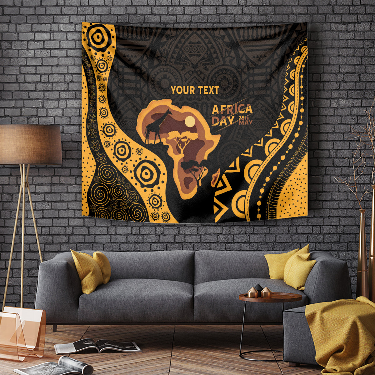 Africa Day personalized tapestry on wall, black and gold design with Africa and animal silhouettes