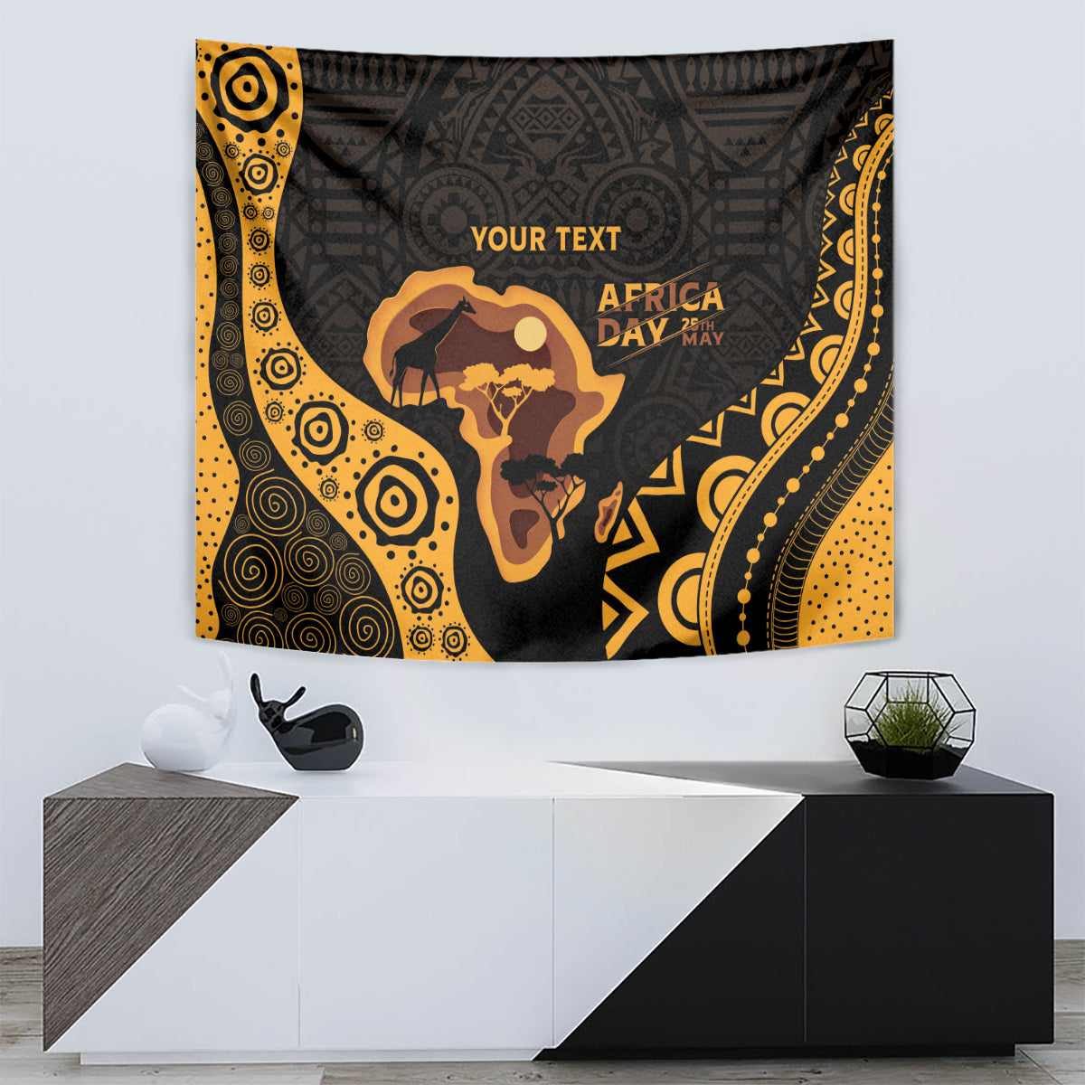 Africa Day personalized tapestry in black and gold with Africa silhouette, animals, and “YOUR TEXT”