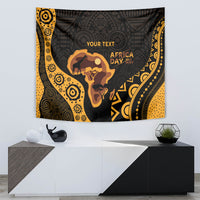 Africa Day personalized tapestry in black and gold with Africa silhouette, animals, and “YOUR TEXT”