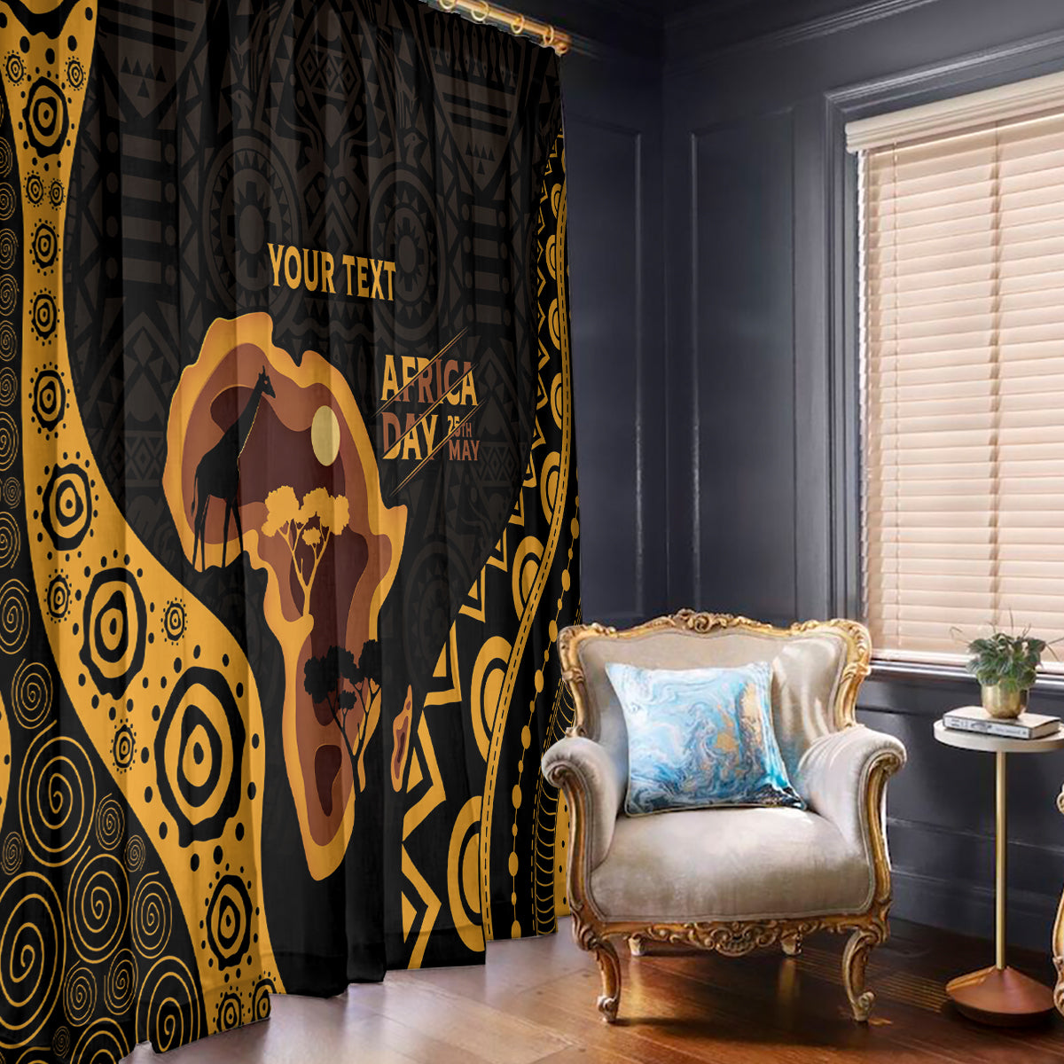 Black and gold Africa Day curtain with printed text and map motif over dark fabric