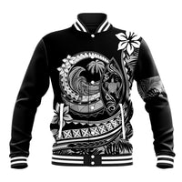 Black varsity baseball jacket with white striped ribbed collar, button front, large tropical graphic