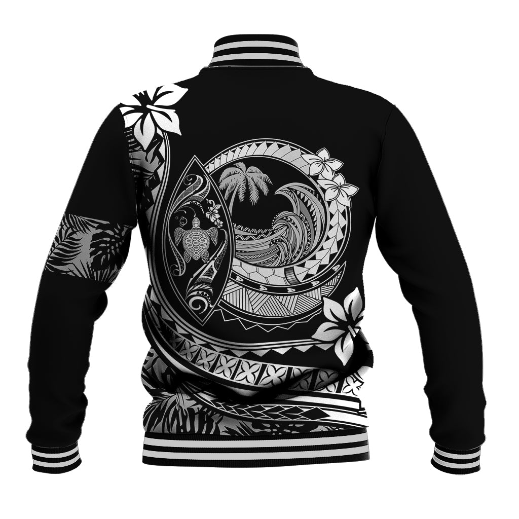 Black varsity baseball jacket, back view with white striped ribbed cuffs and tropical plumeria print